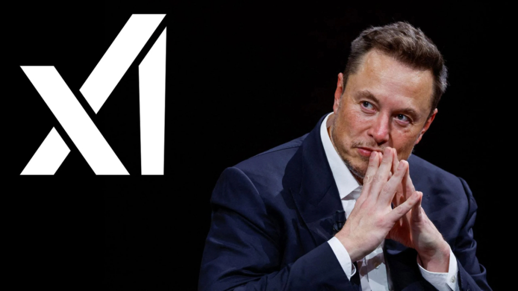 Elon Musk, com um olhar de antecipação e novidade, posicionado ao lado do logo da sua nova empresa de inteligência artificial, xAI.