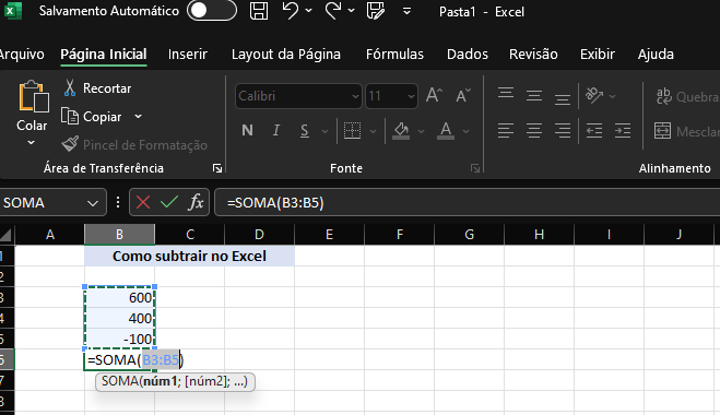 Como subtrair no Excel usando a função SOMA