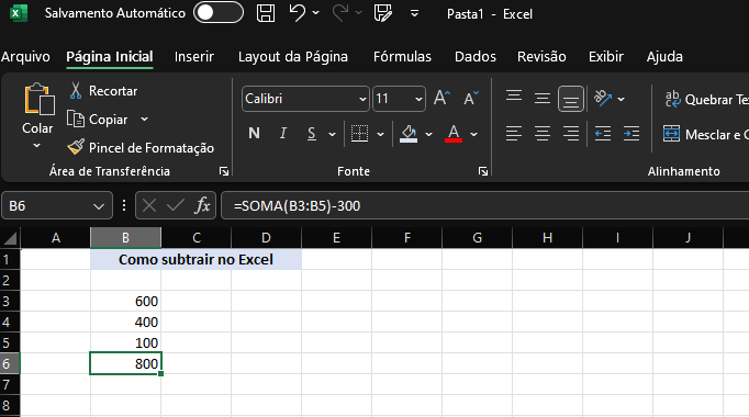 Como subtrair no Excel usando a função SOMA