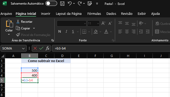 Como subtrair no Excel com múltiplas células