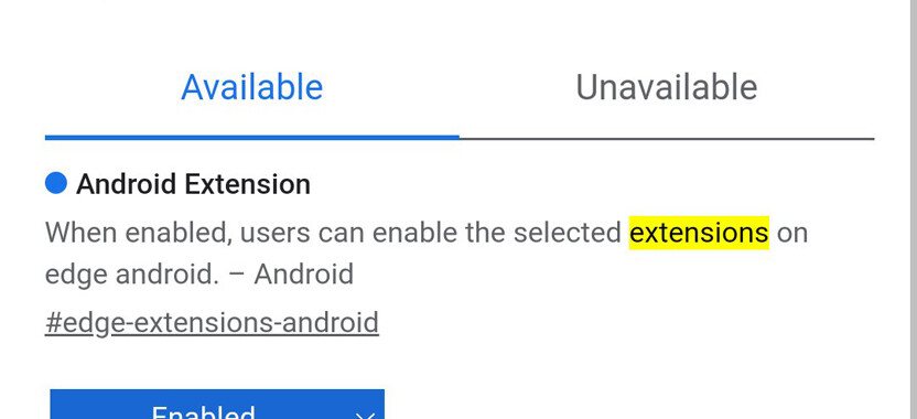 Opção para habilitar extensões no Microsoft Edge para Android