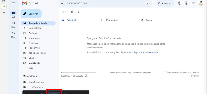 Opção Desfazer para cancelar o envio de um email no Gmail