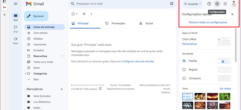 Acessando as configurações na versão Web do Gmail no PC