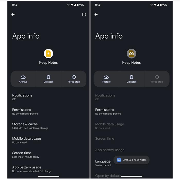 Página de infos de apps do Android 15 com arquivamento de aplicativos