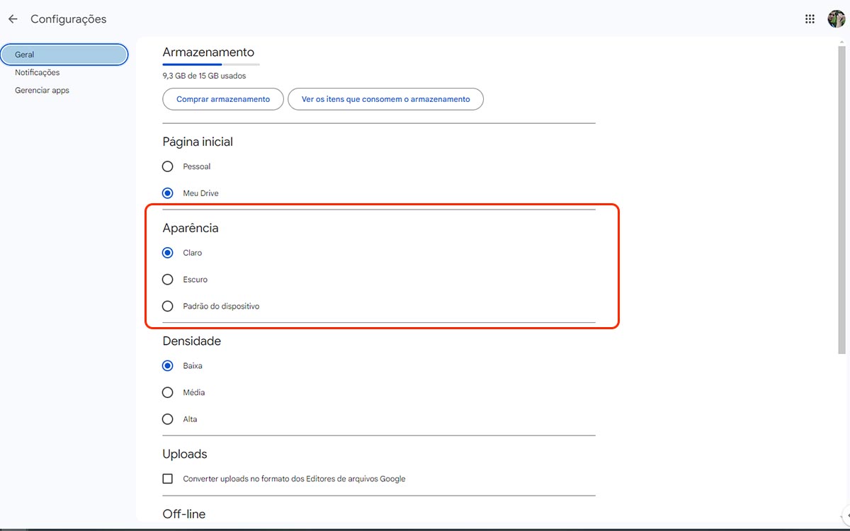 Configurações de aparência do Google Drive