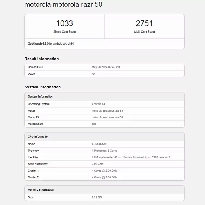 Desempenho do celular Motorola Razr 50 no Geekbench