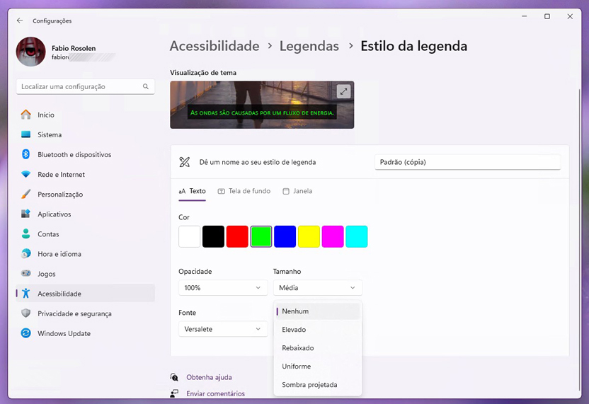 Criando um estilo personalizado para as legendas ao vivo no Windows 11