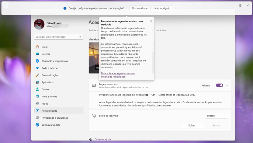 Optando pelo recurso Legendas ao Vivo no Windows 11 com tradução automática