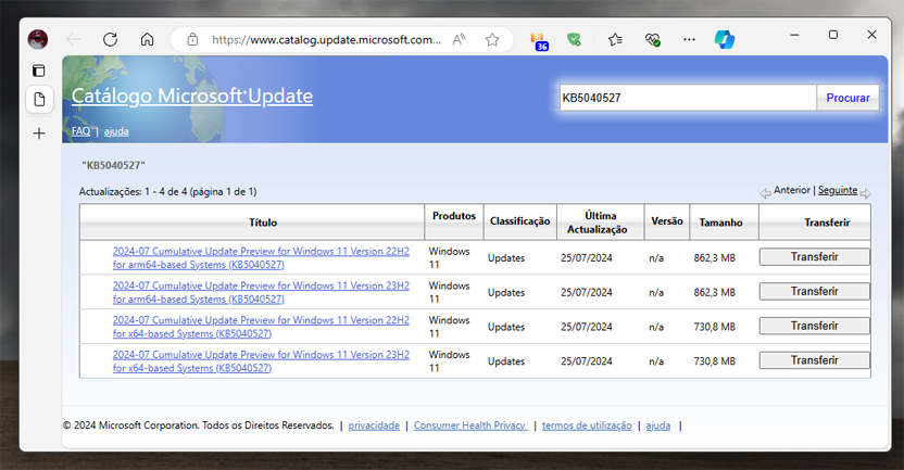 Catálogo do Microsoft Update