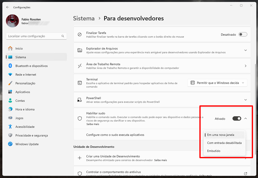 Opção para habilitar o comando sudo no Windows 11 24H2
