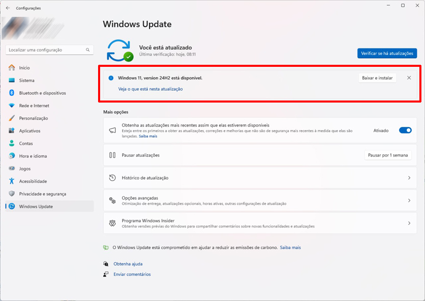 Opção para instalar o Windows 11 24H2 a partir do Windows Update