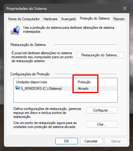 Proteção do sistema ativada