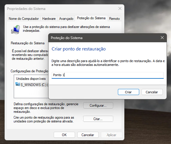 Criando ponto de restauração