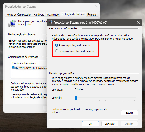 Ativando a proteção do sistema