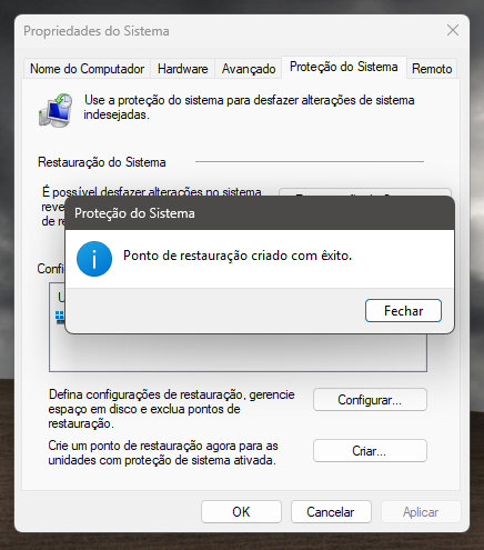Criação do ponto de restauração concluída