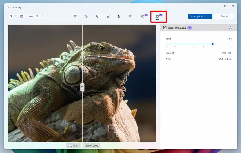 Recurso Super resolution no app Fotos do Windows 11