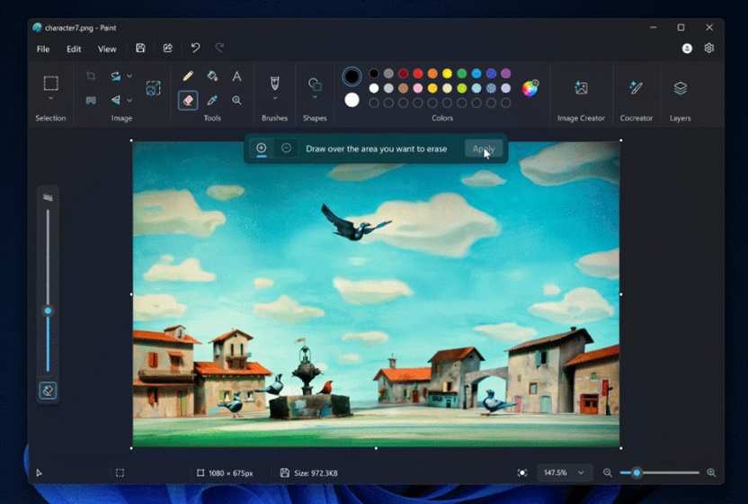 Generative erase é um dos dois novos recursos de IA no Paint